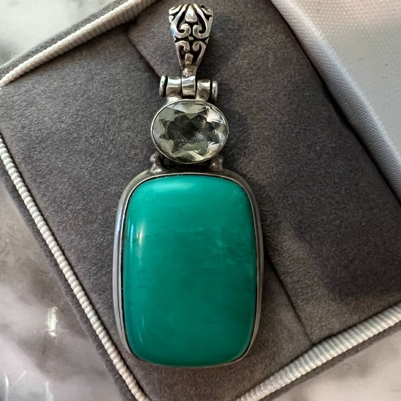 Vintage Large Turquoise & Gemstone Pendant Solid 925 Sterling Silver Handmade - Picture 1 of 17